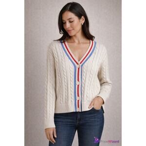 Prince Pickleball Cable Knit Cardigan Med Cream V-Neck Button Front Striped Trim